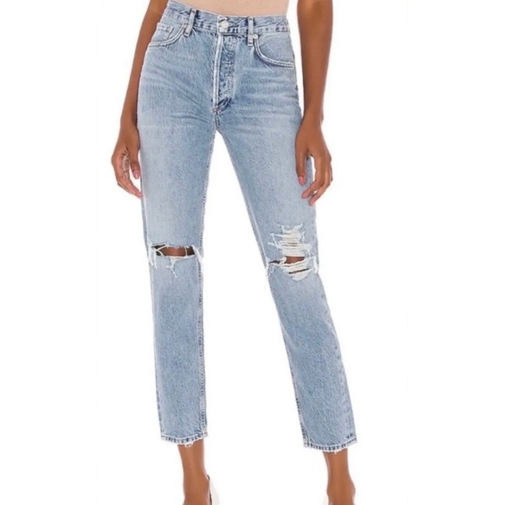 AGOLDE Riley High Rise Straight Crop Jeans Light Wash Distressed Blue Size 25